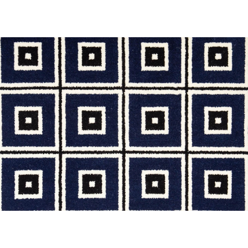 Moquette en Laine à motif géométriques carrés noir, crème et bleu